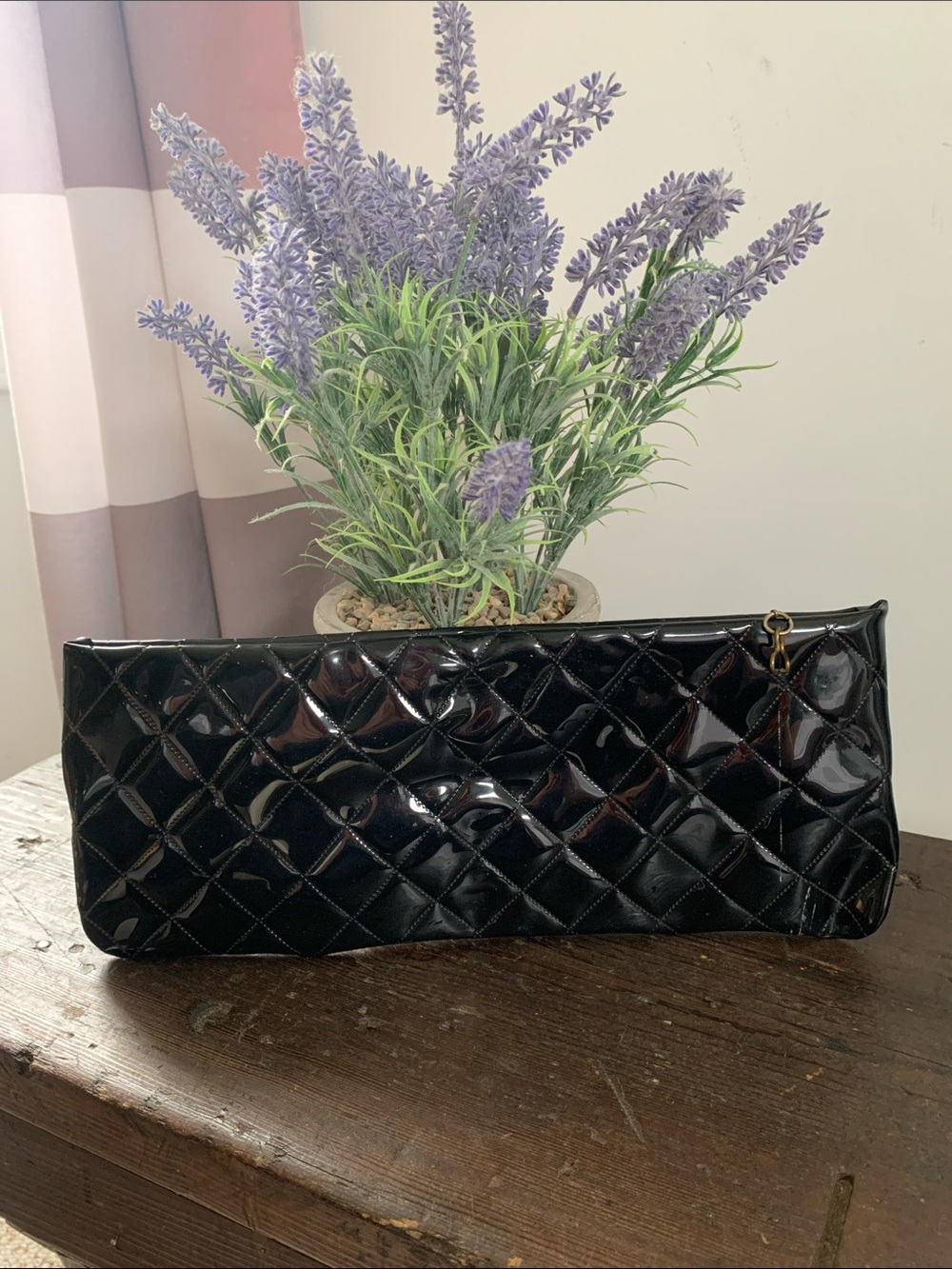 Vintage Black Diamond Quilted Patent Leather Elongated Clutch Pouch -